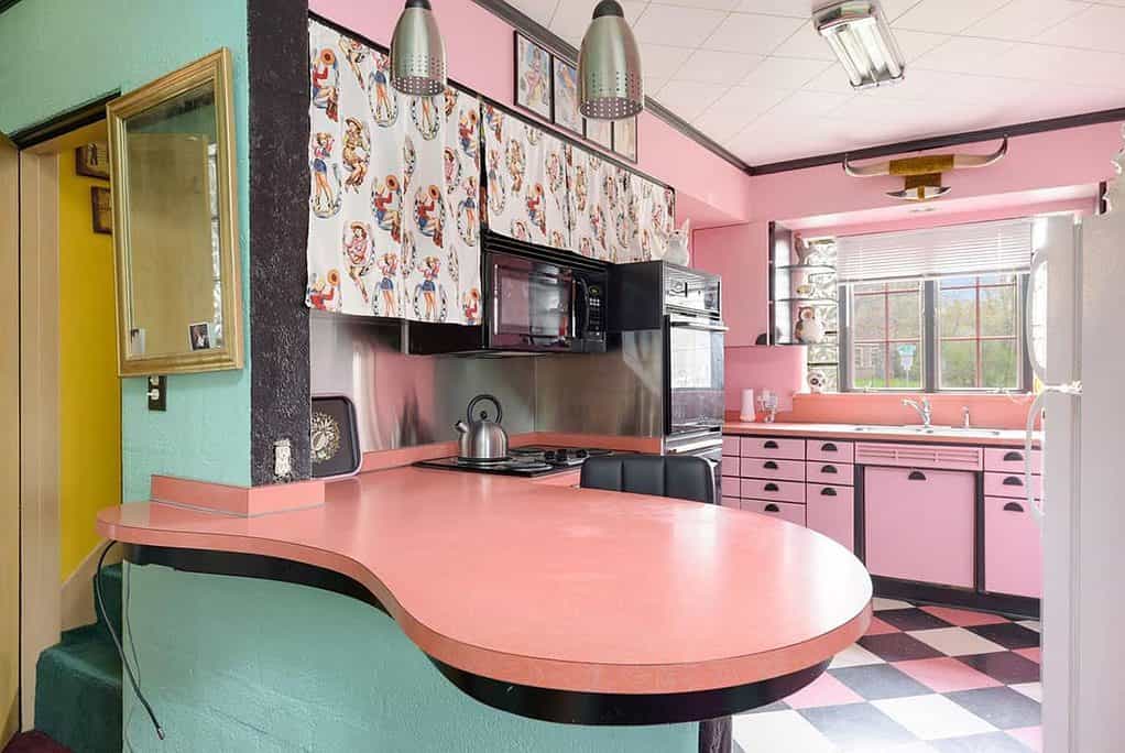 Vintage Pink Kitchen with Pink Countertops