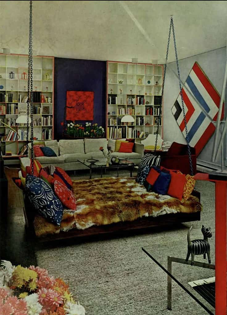 70s living room with bed on a chain