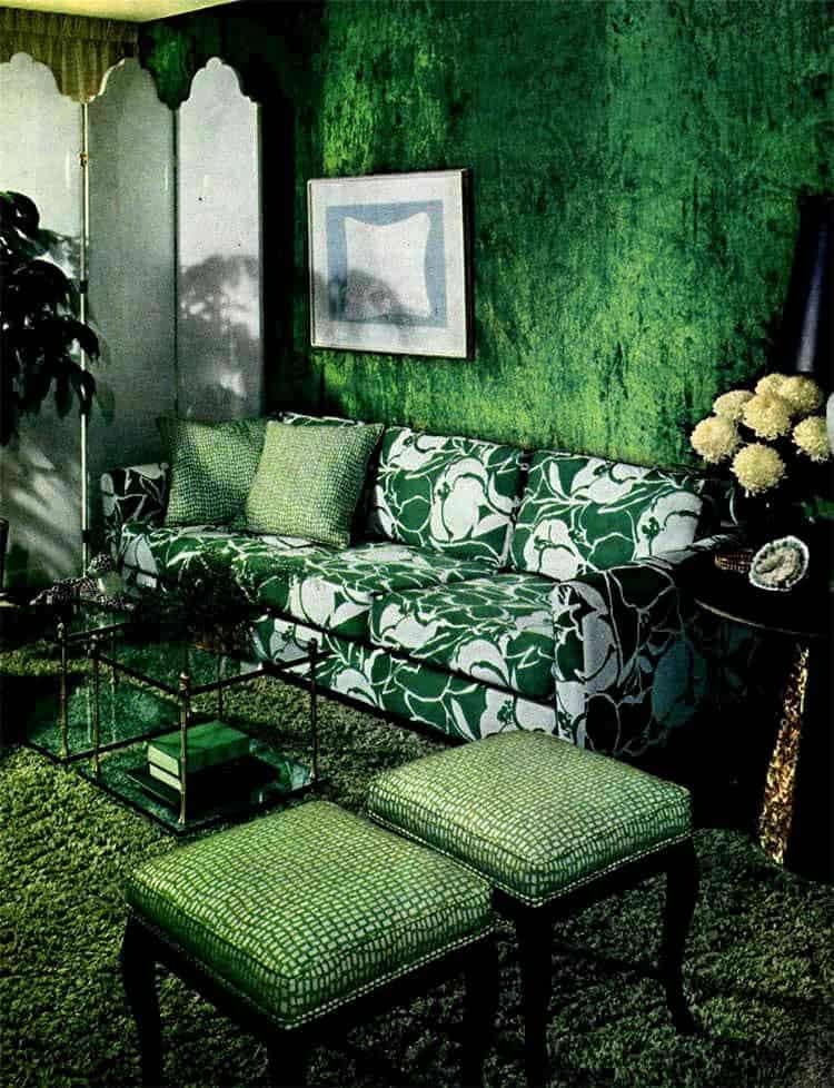 70s sitting room decorated in green patterns and textures