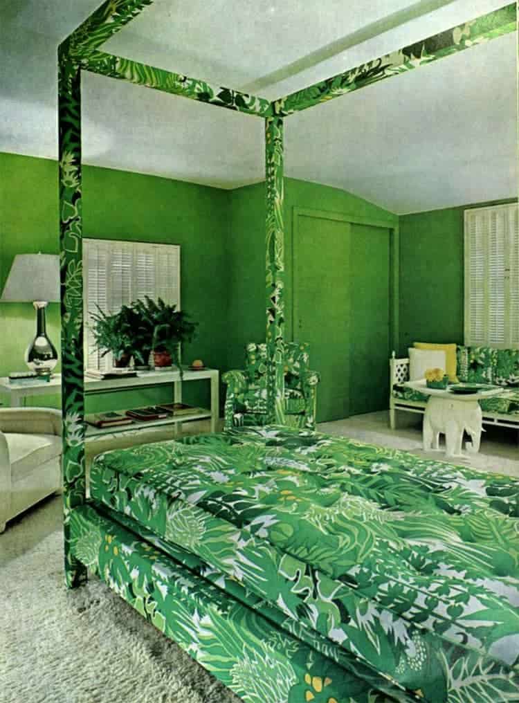 70s bedroom decorated with bright green paint and bright green prints
