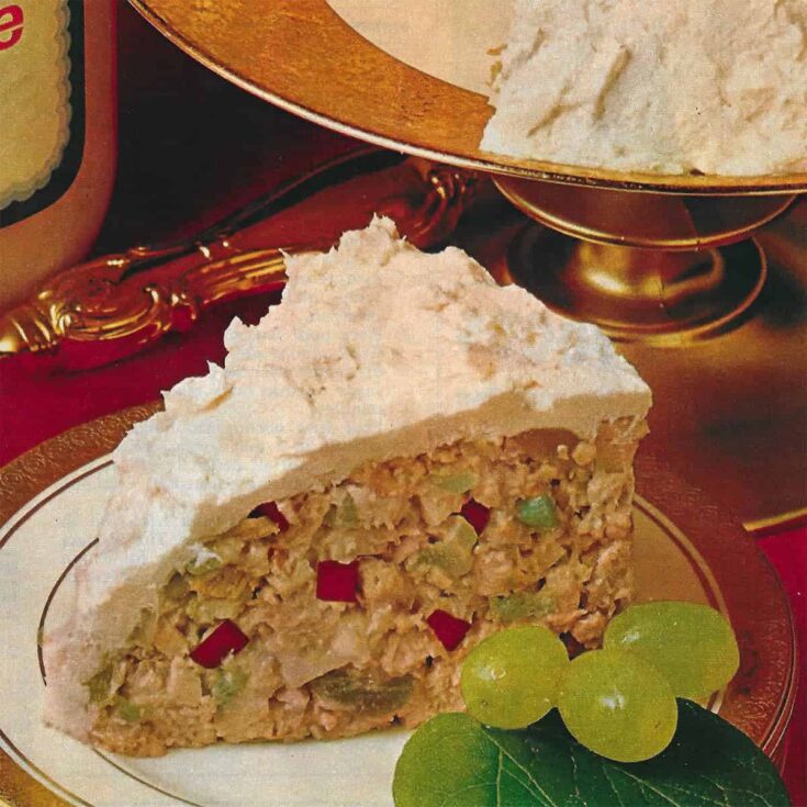 Retro Recipe Molded Chicken Salad with Miracle Whip Frosting